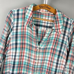Soft Surroundings Womens M‎ Emerson Plaid Top Tunic Gauzy Coastal 100% Cotton